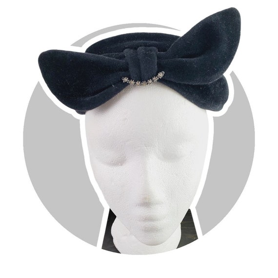 Vintage Picardy France Black Velvet Big Bow Rhine… - image 1