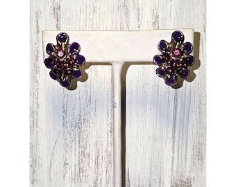 Vintage 1960s Amethyst Rhinestone Enamel Cluster Clip-on Earrings