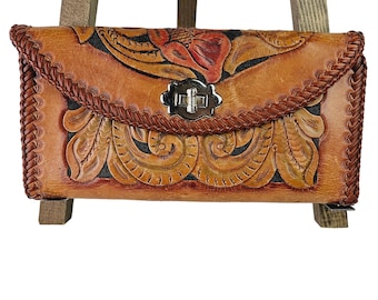 Vintage 1970's Tooled Leather Wallet Clutch