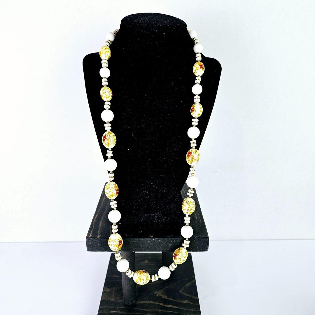 Vintage 1960's Floral Large White Bead Necklace, Japan, 30