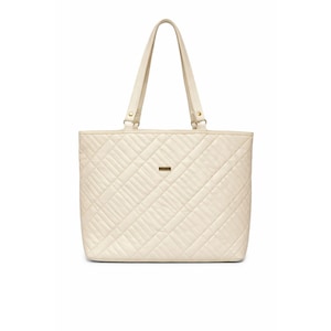 May include: Cream-colored quilted tote bag with two top handles. The bag features a diamond pattern and a small rectangular gold-tone accent. The handles are attached with gold-tone hardware.
