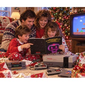 以下が含まれることがあります： グレーとブラックのNintendo Entertainment System本体、2つの長方形コントローラー、ロボットのグラフィックが描かれた黒い取扱説明書、そして「Super Mario Bros」、「Duck Hunt」、「The Legend of Zelda」とラベル付けされた3つのゲームカートリッジ。