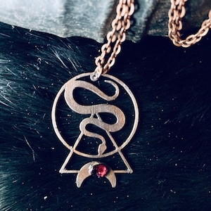 Copper Snake and Moon Pendant with Garnet Gemstone - Electroformed - Witchy Jewelry - Goth Jewelry - Snake Necklace -