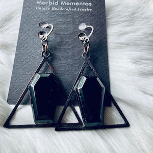Black Obsidian and Copper Coffin Shaped Gemstone Earrings - Dangle - Protection - Witchy Jewelry - Goth - Occult - Stretched Ears - Occult -
