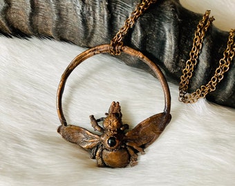 Real Carpenters Bee Pendant - Electroformed in Copper - Black Obsidian Gem - Witchy Jewelry - Insect Taxidermy - Oddities - Goth - Bone -