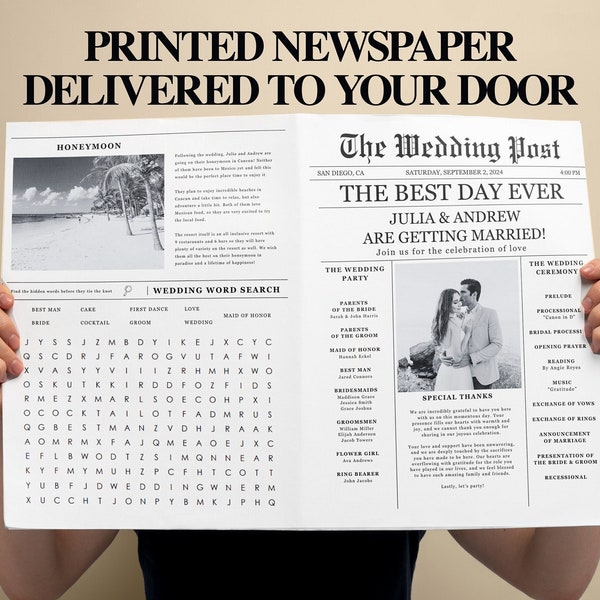 Custom Wedding Newspaper Program - Printed Physical Item - Newlywed Times Post Ceremony