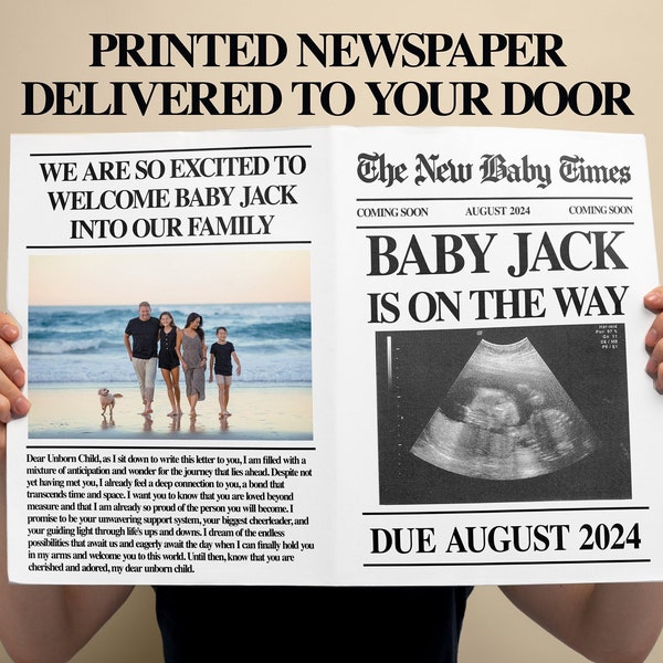 Newspaper Pregnancy Announcement - Printed Physical Item - Custom Coming Soon Expecting Baby Times