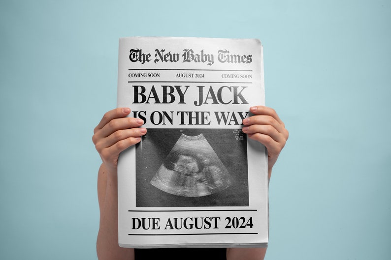 Newspaper Pregnancy Announcement Printed Physical Item Custom Coming Soon Expecting Baby Times image 3