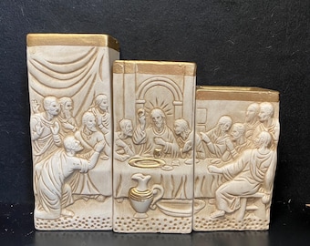 Two Sided Ceramic Candle Holder Jesus Last Supper & Cherubs Music Notes Singing