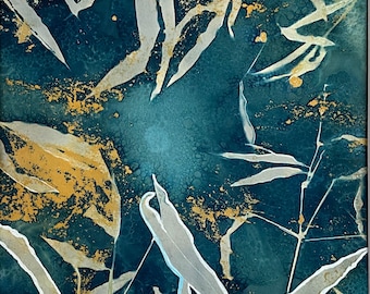 Originele botanische cyanotypie, blauwe en witte kunst, originele zonafdruk, natte cyanotypie