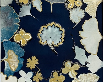 Originele botanische cyanotype, blauwe en witte kunst, originele zonafdruk, cyanotype