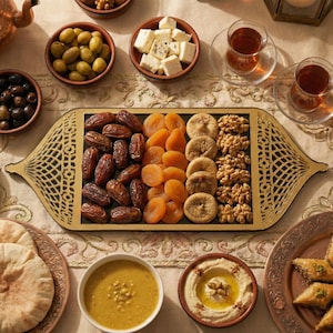 May include: Overhead shot of a table set with a variety of foods. A decorative gold tray holds dates, apricots, figs, and walnuts. Small bowls contain olives, cheese, and hummus. Tea is served in clear glasses.
