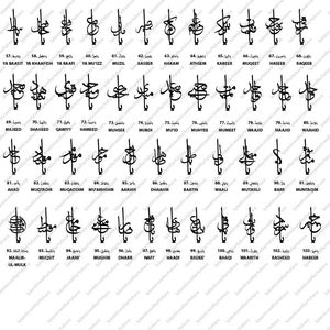 May include: A collection of black Arabic calligraphy designs, each with a unique script and number. The designs are arranged in rows and columns, with each design labeled with a corresponding number and name.