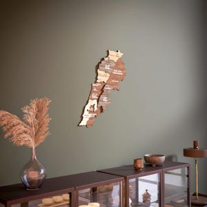 May include: A wooden map of Lebanon with the names of each region in Arabic and English. The map is mounted on a green wall and is surrounded by a brown wooden shelf with glass doors.