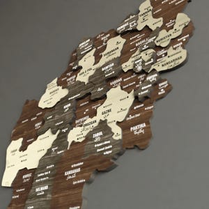 May include: A wooden map of Afghanistan with each province labeled in both English and the local language. The map is made of different shades of brown wood and has a 3D effect.
