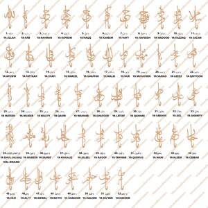 May include: A chart displaying 52 gold Arabic calligraphy designs, each with a number and a name in Arabic and English. The names are the 99 names of Allah, also known as the Asma ul Husna.