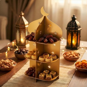 May include: A gold-colored, three-tiered serving stand with a crescent moon and star cutouts, filled with dates and pastries. The stand is surrounded by bowls of nuts and dried fruit, with lit lanterns in the background.