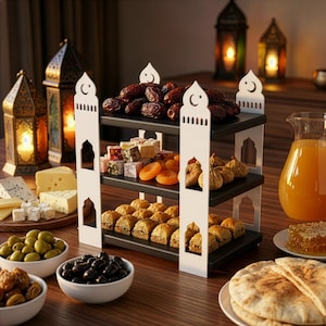 May include: A three-tiered serving stand with a black frame and white decorative accents, holding an assortment of dates, Turkish delight, dried apricots, figs, and pastries. Bowls of olives and other snacks surround the stand, with lit lanterns in the background.