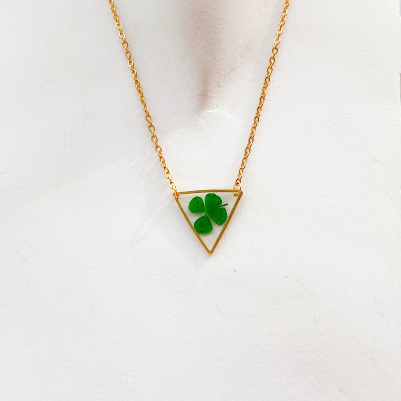 Triangle gold color necklace with four leaf clover terrarium jewelry gift for her image 1