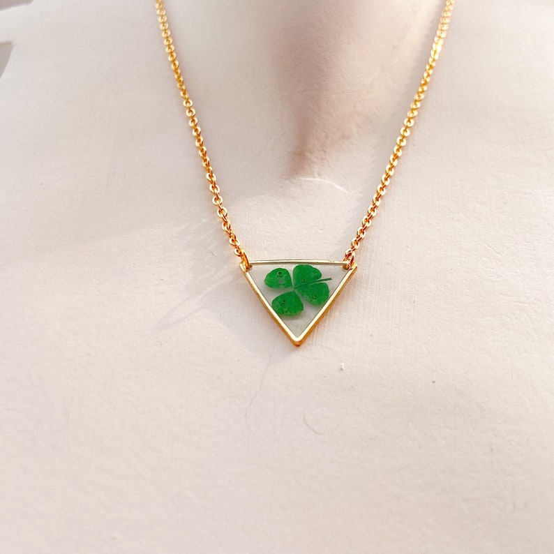 Triangle gold color necklace with four leaf clover terrarium jewelry gift for her image 4