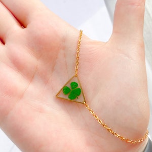 Triangle gold color necklace with four leaf clover terrarium jewelry gift for her image 3