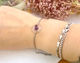 Zoe Silver color bracelet with purple baby breath pressed flower valentines day gifts for her