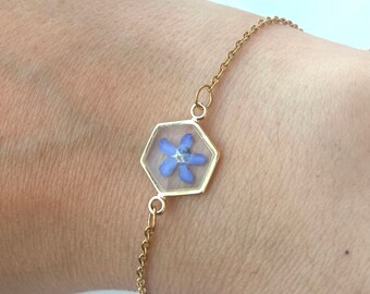 Forget-me-not hexagon bracelet with pressed flower Bachelorette party gift for her