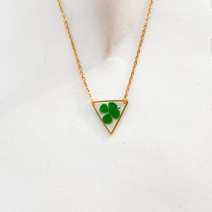Triangle gold color necklace with four leaf clover terrarium jewelry gift for her image 6