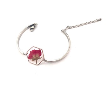 Hexagonal silver color bracelet with pressed red rose flower Grandmother's day gift for her terrarium jewelry