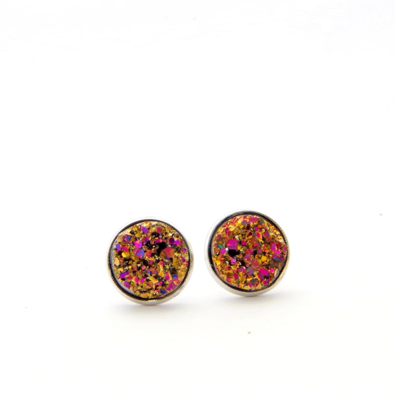 Black pink cristal studs in steel color jewelry for Mother Day gift for her cabochon earrings unique gifts for women