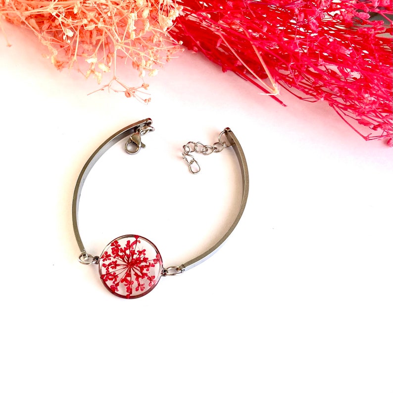Bracelet argent inclusion de la fleur dentelle de la Reine Anne séchée rouge cadeau de Fête des Mères pour elle image 6