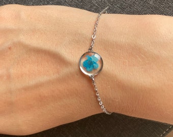 Minimalist Blue spiraea pressed flower silver color bracelet Christmas promise gift