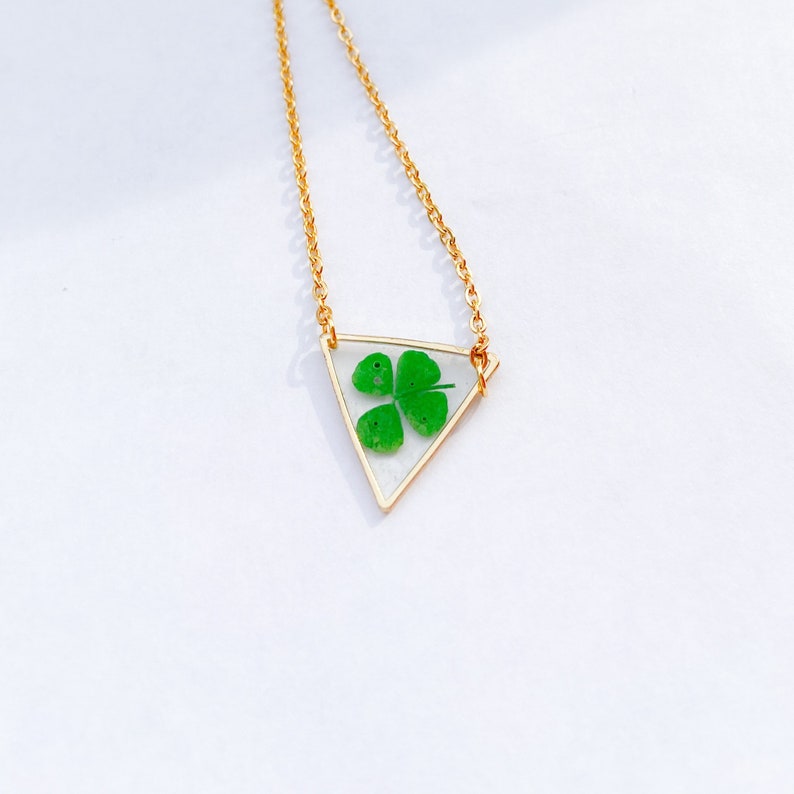 Triangle gold color necklace with four leaf clover terrarium jewelry gift for her image 7