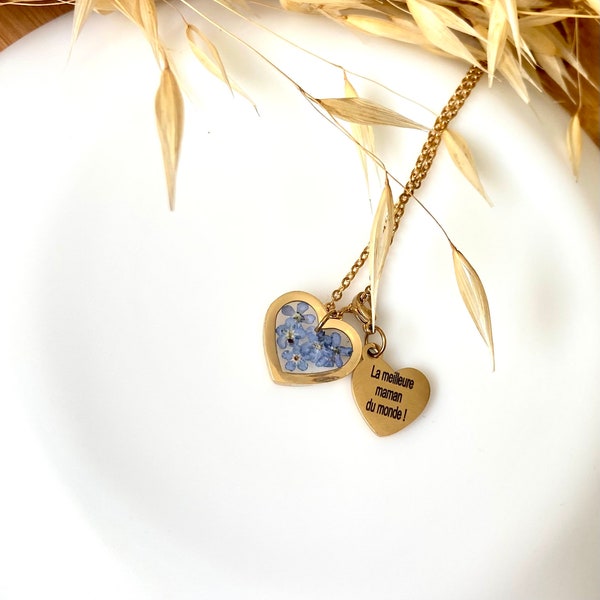Personalized terrarium necklace with pressed forget me not flowers