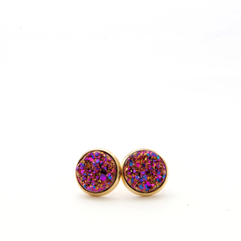 Black pink cristal studs in steel color jewelry for Mother Day gift for her cabochon earrings unique gifts for women