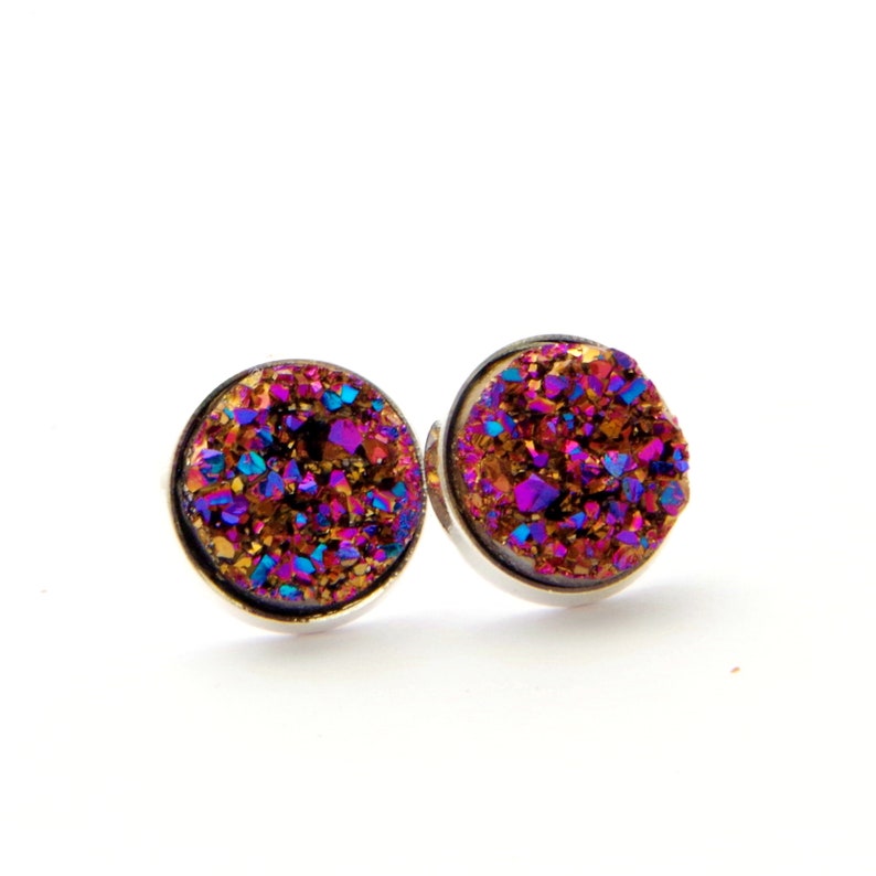 Black pink cristal studs in steel color jewelry for Mother Day gift for her cabochon earrings unique gifts for women