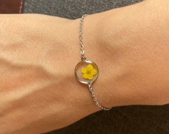 Minimalist Yellow spiraea pressed flower silver color bracelet Christmas promise gift