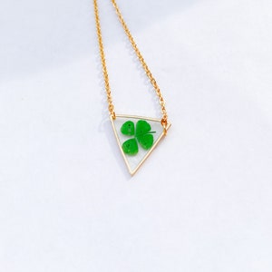 Triangle gold color necklace with four leaf clover terrarium jewelry gift for her image 2
