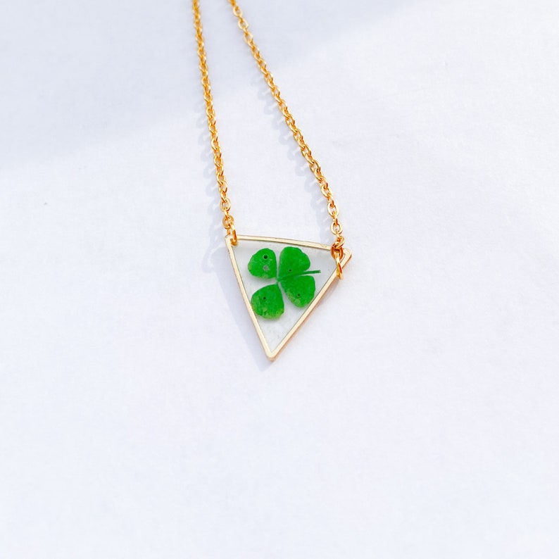 Triangle gold color necklace with four leaf clover terrarium jewelry gift for her image 2