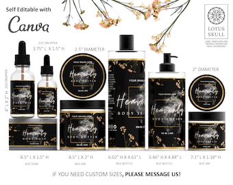 Black Gold Floral Skincare Label Template - Body Butter,Lotion,Essential Oil,Dropper,Bottle Labels,Product Labels,Editable Labels,Premium