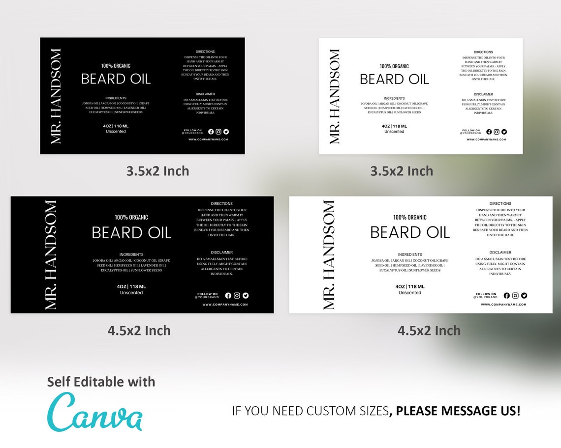 Editable Beard Oil Label Template Minimal Modern Black Etsy