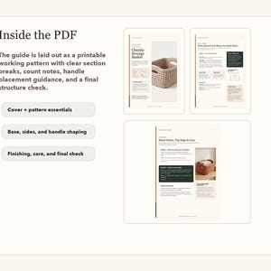 K&ouml;nnte beinhalten: Ein digitaler Leitfaden mit dem Titel "Inside the PDF" mit Anweisungen f&uuml;r einen klobigen Aufbewahrungskorb. Der Leitfaden enth&auml;lt Abschnitte zu Musterelementen, Formgebung von Boden und Seiten sowie zur Fertigstellung. Bilder zeigen den Korb und detaillierte Anweisungen.