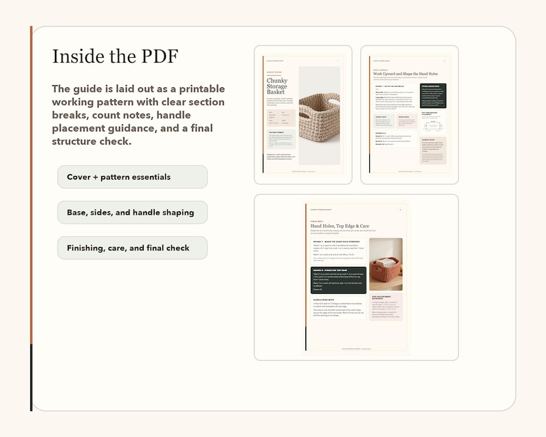 K&ouml;nnte beinhalten: Ein digitaler Leitfaden mit dem Titel "Inside the PDF" mit Anweisungen f&uuml;r einen klobigen Aufbewahrungskorb. Der Leitfaden enth&auml;lt Abschnitte zu Musterelementen, Formgebung von Boden und Seiten sowie zur Fertigstellung. Bilder zeigen den Korb und detaillierte Anweisungen.