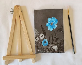 Stunning Hand-Painted Monochrome Blue Floral Table Art with Easel Display, Gift for Moms & Art Lovers, Black and White Painting Blue flowers
