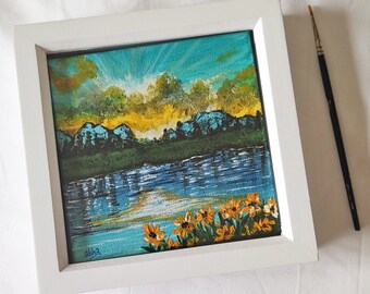 Framed Mountain Nature Canvas Painting, Sunrise with Water Body & Blooming Sunflowers, Landscape Wall Art, Mountain Living Room Decor Art