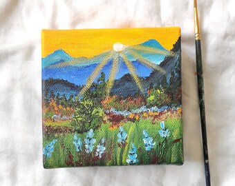 Yellow Sky Mountain Landscape Painting, Floral Summer Meadow Box Canvas Square Nature Art, Sun rays Rocky Mountain bright sky Bookshelf Art