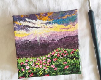 Flower Field Box Canvas Painting, Small Square 10x10 cms Landscape Painting, Sun rays Purple Hues Red flower field Art