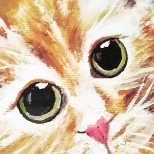 May include: Close-up of a cat's face with orange and white fur. The cat has green eyes and a pink nose.