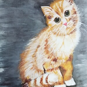 May include: A painting of a ginger cat with green eyes, sitting on a gray background. The cat is looking to the left of the image, with its head tilted slightly. The cat's fur is painted in a realistic style, with highlights and shadows.