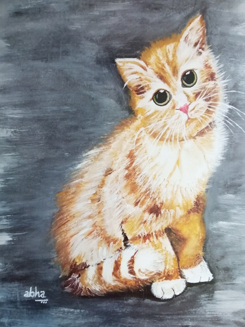 May include: A painting of a ginger cat with green eyes, sitting on a gray background. The cat is looking to the left of the image, with its head tilted slightly. The cat's fur is painted in a realistic style, with highlights and shadows.